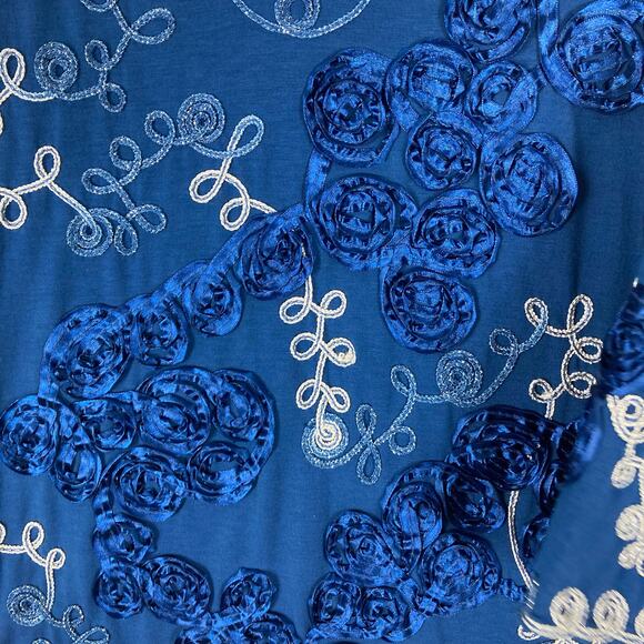 Nwot ONCE AGAIN Top M Blue Embroidery Silver Ribbon-Soutache-Floral Long-Sleeve - Picture 4 of 10